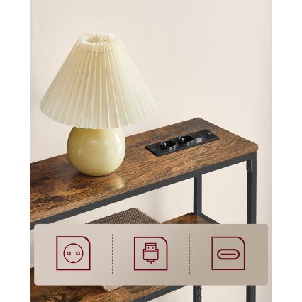 Konzolový stolík s vstavanými zásuvkami a USB portami LUVOR 80x20 cm hnedá/čierna