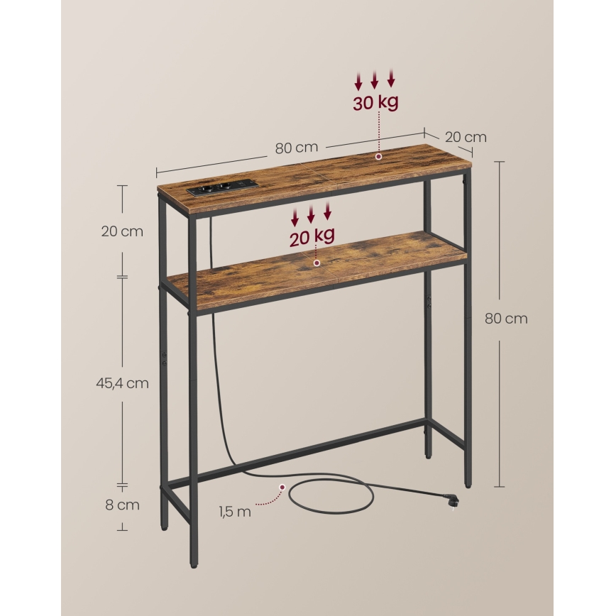 Konzolový stolík s vstavanými zásuvkami a USB portami LUVOR 80x20 cm hnedá/čierna