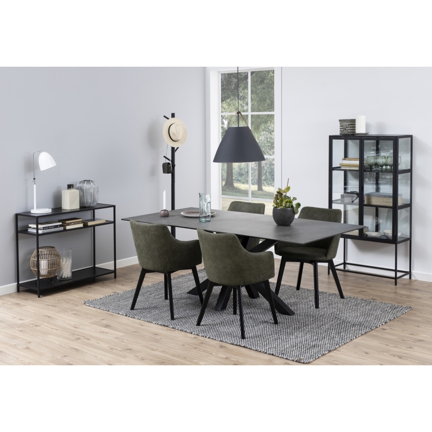 Dlhý jedálenský stôl s tmavou doskou a šiestimi olivovozelenými stoličkami s čiernymi nohami stojí na koberci v jedálni. V okolí sa nachádza stojan na oblečenie, polička a vitrína.
