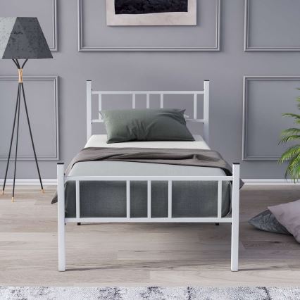 Kovová jednolôžková posteľ PIRON 90x200 cm biela nosnosť 120 kg