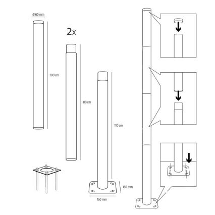 Kovová tyč pre stĺp vonkajšieho osvetlenia BASE, 4 m, priemer 60 mm, čierna