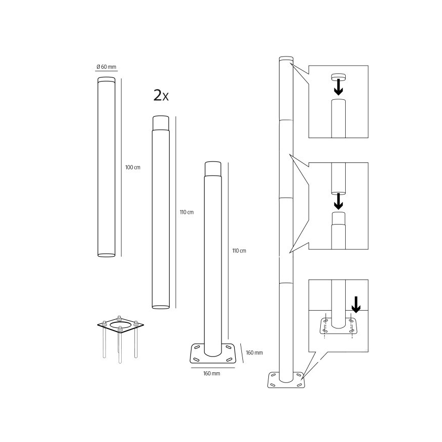 Kovová tyč pre stĺp vonkajšieho osvetlenia BASE, 4 m, priemer 60 mm, čierna
