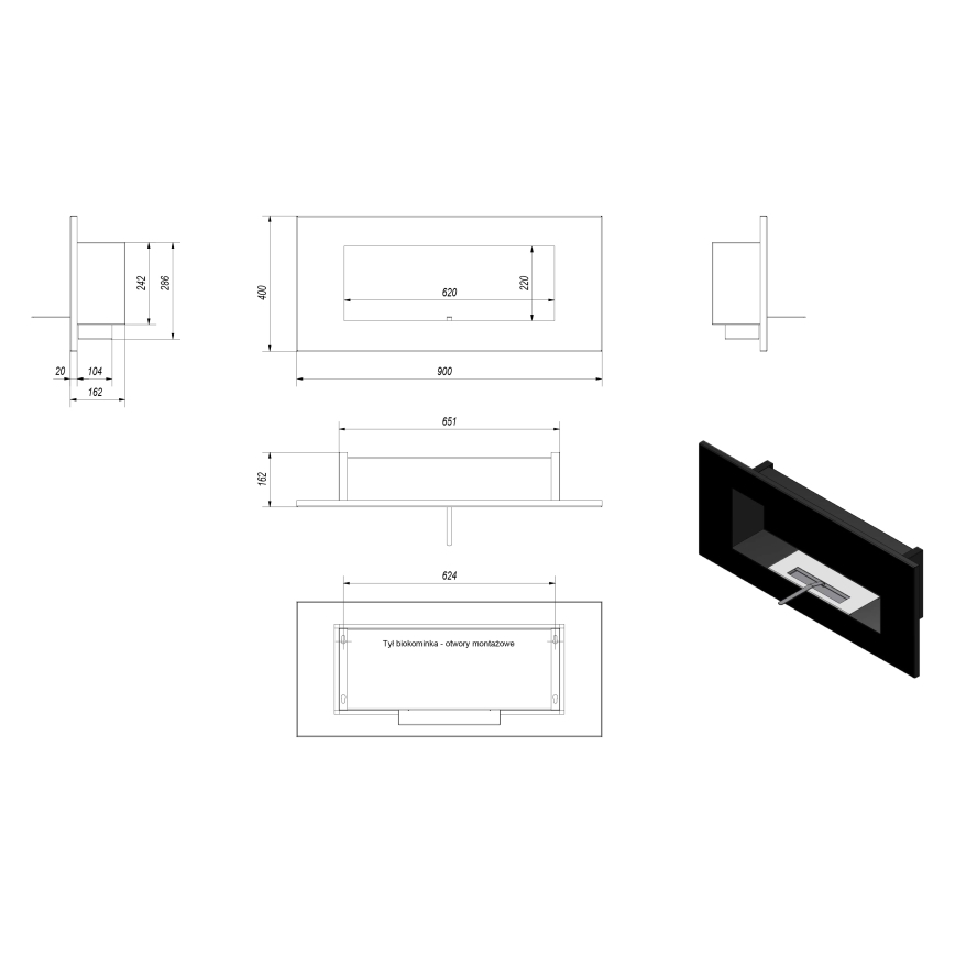 Kratki - Vstavaný BIO krb 40x90 cm 2kW čierna