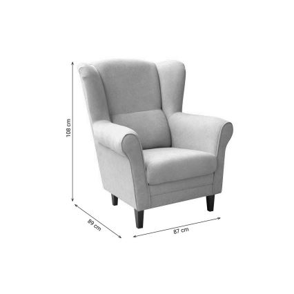 Šedé kreslo s vysokým operadlom stojí na štyroch tmavohnedých nožičkách. Rozmery: výška 108 cm, šírka 87 cm, hĺbka 89 cm.