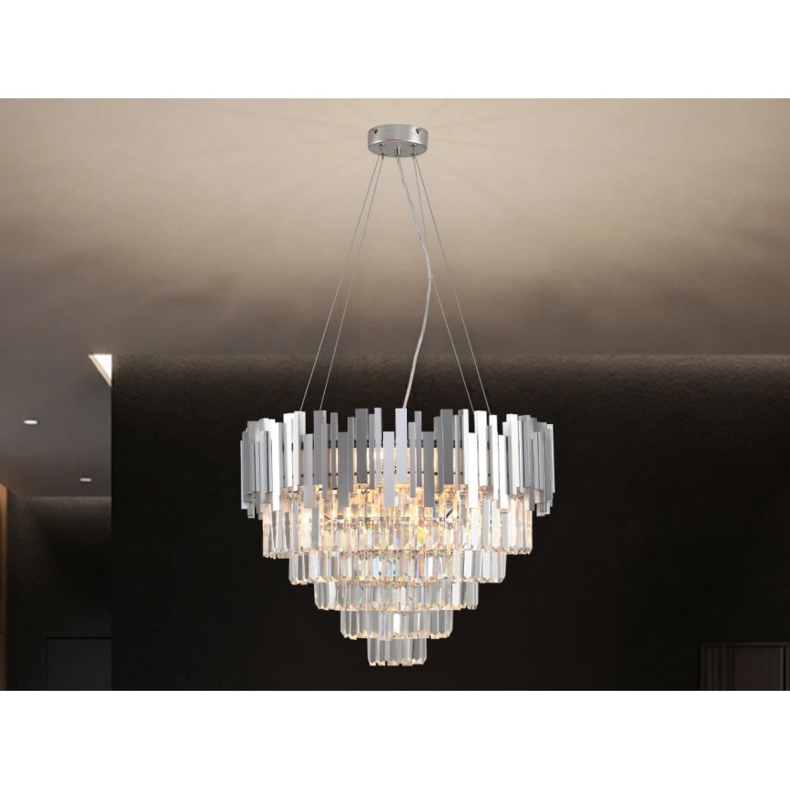 Krištáľový luster na lanku PLAZA 9xE14/40W/230V, priemer 60 cm, strieborný