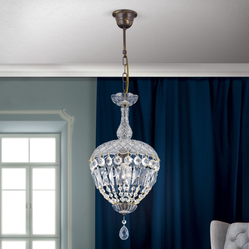 Krištáľový luster na reťazi ARILA 1xE27/60W/230V pr. 25 cm hnedá/patina