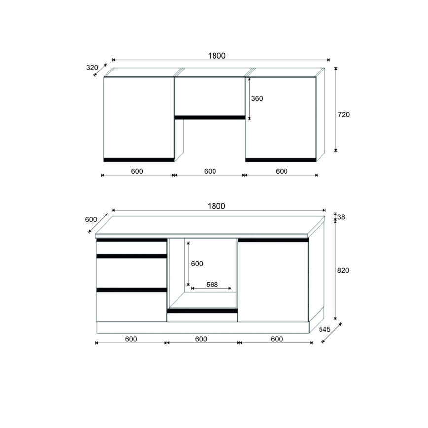 Kuchynská linka MARINA 180 cm, dub craft/lesklá biela
