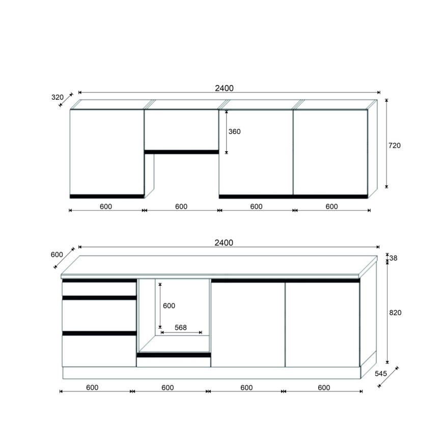 Kuchynská linka MARINA 240 cm dub craft/lesklá biela