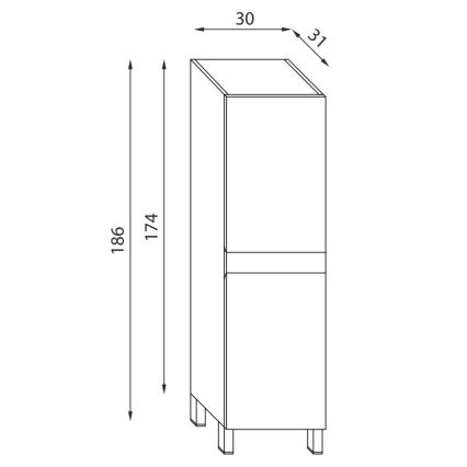 Dvojkrídlová vysoká skrinka stojí na štyroch nožičkách. Má rozmery 30 x 31 x 186 cm a výšku 174 cm.