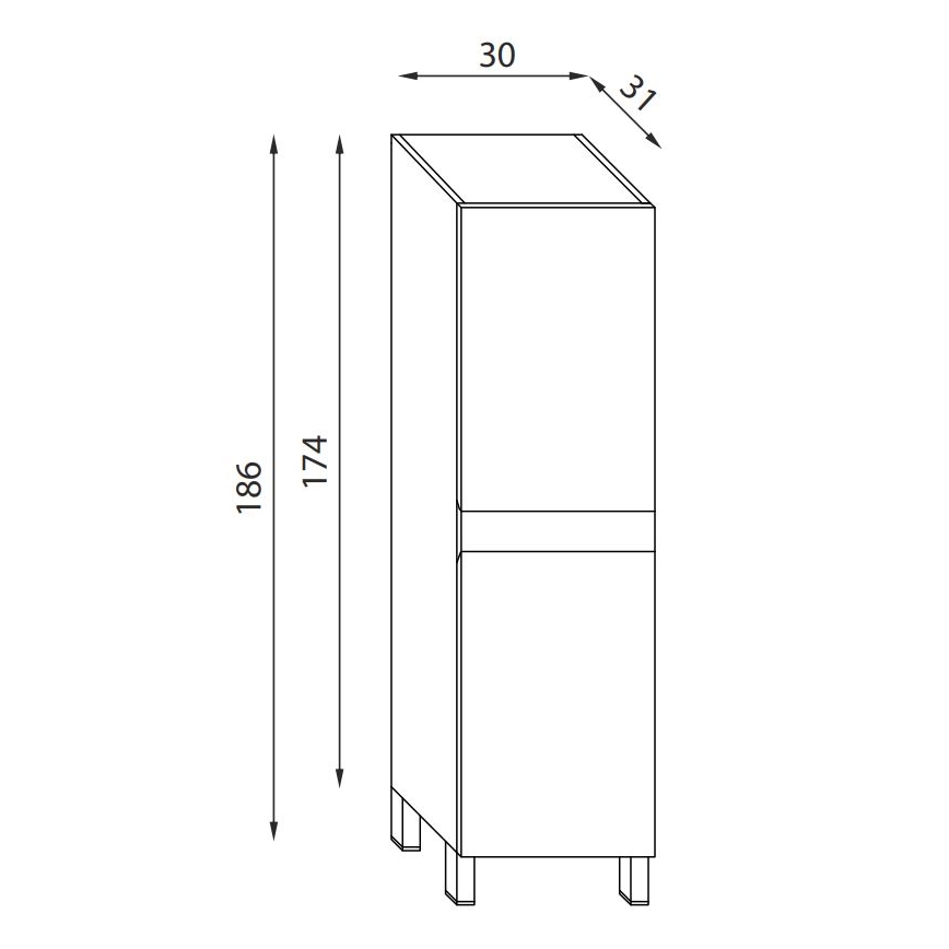 Dvojdielna vysoká skrinka s rozmermi 30x31x186 cm (šírka x hĺbka x výška) a ďalšími rozmermi 174 cm stojí na štyroch nožičkách. Je znázornená technickým výkresom.