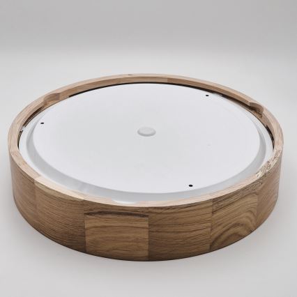 Drevené svietidlo s bielym difúzorom je položené na svetlom podklade. Svietidlo je zložené z kruhového dreveného rámu a vnútorného bieleho kruhu. Rám je z viditeľných kusov dreva.