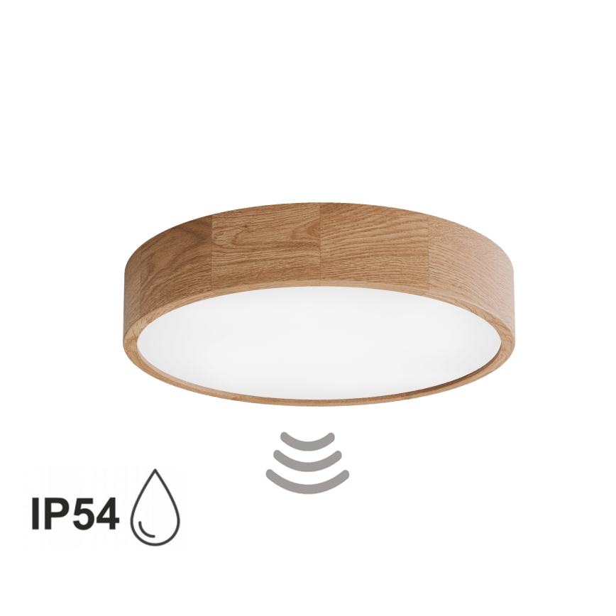 Kúpeľňové stropné svietidlo s čidlom CLEO 4xE27/24W/230V priemer 47,5 cm IP54 dub