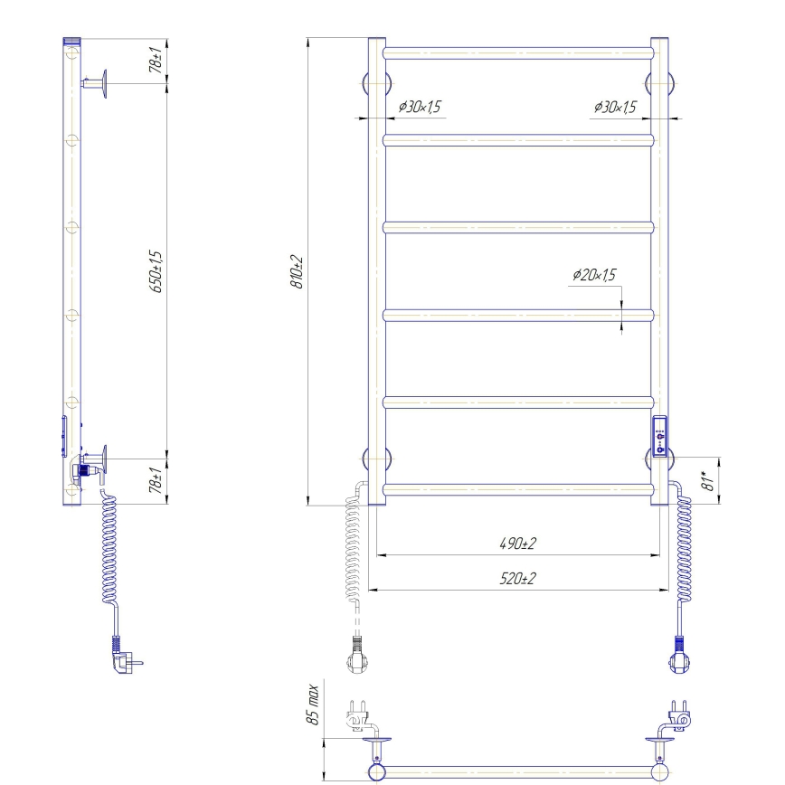 Kúpeľňový rebríkový radiátor CLASSIC 110W/230V 81x52 cm nerez/antracit pravostranné prevedenie