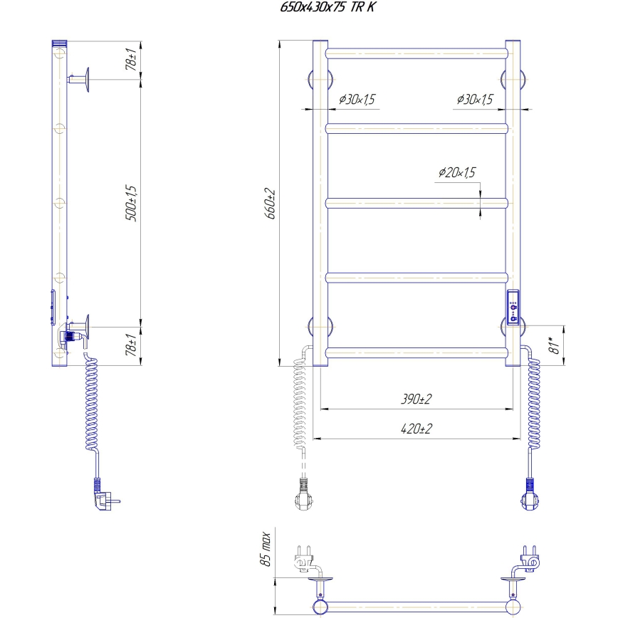 Kúpeľňový rebríkový radiátor CLASSIC 65W/230V 66x42 cm nerez/biela pravá