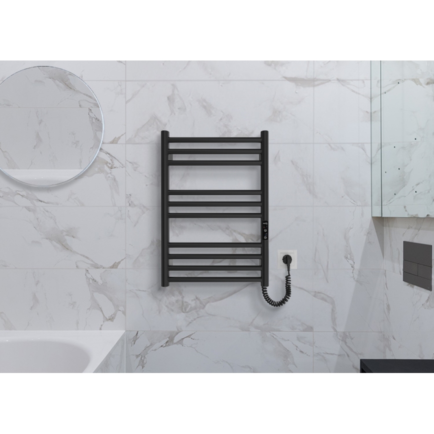 Kúpeľňový rebríkový radiátor HF GREENWICH 100W/230V 57x43 cm čierny pravostranný okrúhly