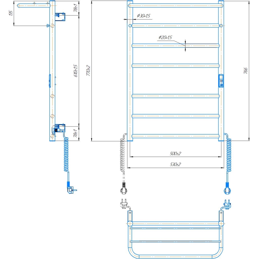 Kúpeľňový rebríkový radiátor HOME 95W/230V 77x53 cm nerez/chróm pravý