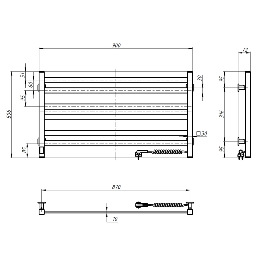 Kúpeľňový rebríkový radiátor s termostatom AVANGARD 316W/230V, 50,6 cm, IP44, biely, pravostranný, hranatý