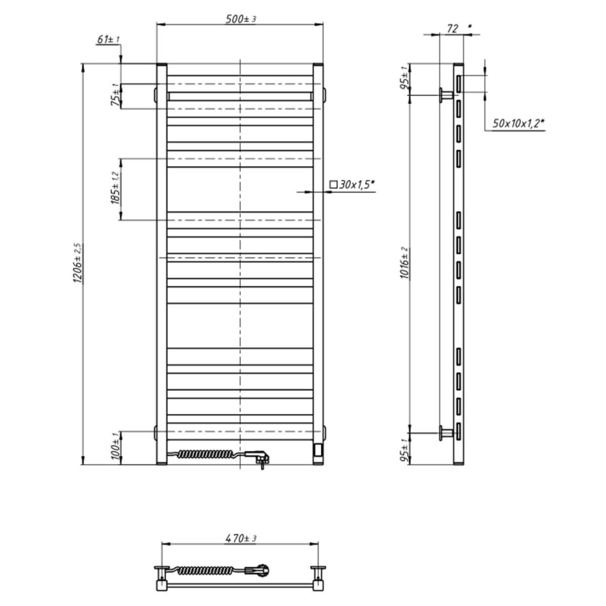 Kúpeľňový rebríkový radiátor s termostatom LARGO 256W 120x50 cm  čierny ľavý