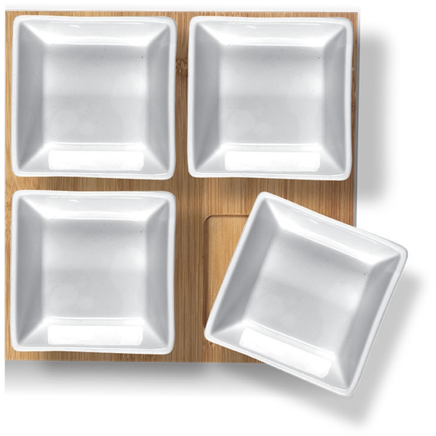 Lamart - Súprava 4x porcelánová miska 19x19 cm + drevený podnos