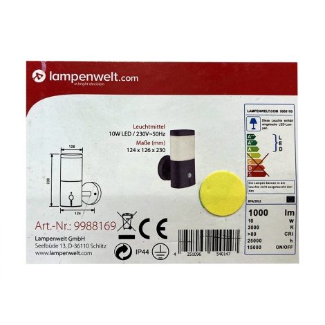 Lampenwelt - LED Vonkajšie svietidlo so senzorom LED/10W/230V IP44