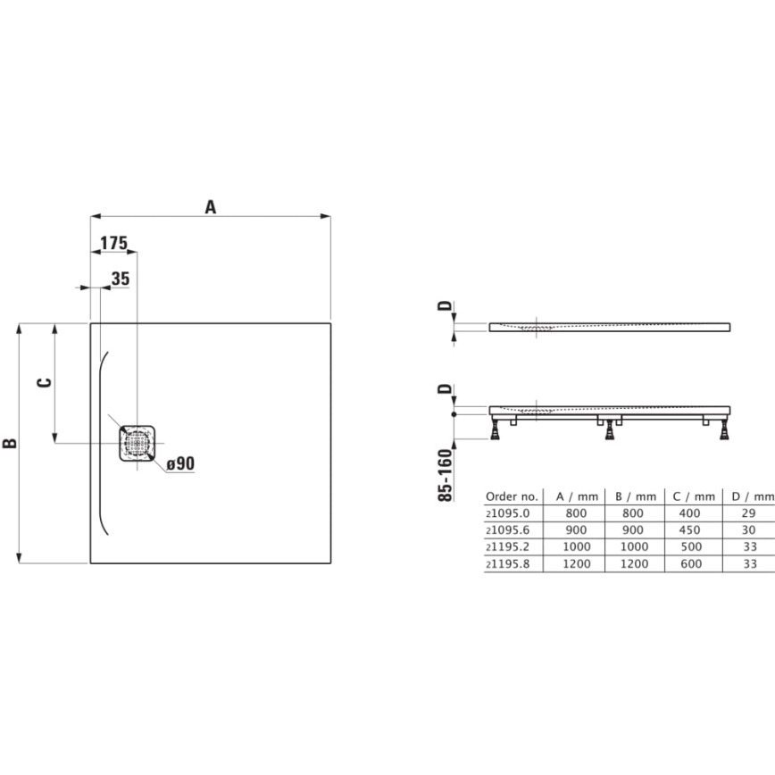 LAUFEN H2109560000001 - Štvorcová sprchová vanička PRO 90x90 cm marbond/biela