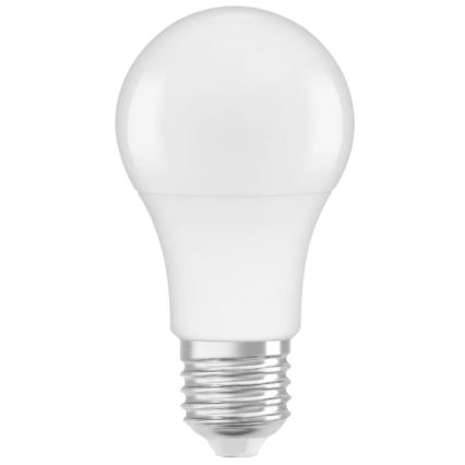 LED žiarovka svieti na bielom pozadí. Žiarovka má klasický tvar s guľovitou hornou časťou a skrutkovací závit. Je zobrazená z čelného pohľadu.