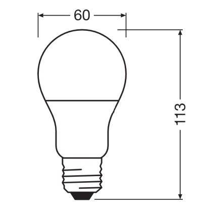 LED žiarovka – znázornené rozmery: priemer 60 mm, výška 113 mm. Schéma zobrazuje tvar a veľkosť žiarovky s objímkou.