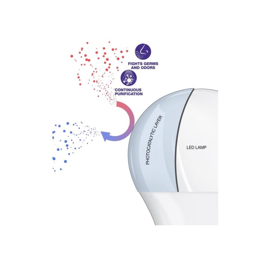 LED žiarovka s fotokatalytickou vrstvou čistí vzduch. Vrstva kontinuálne ničí zárodky a pachy. Na obrázku je schéma znázorňujúca proces čistenia.