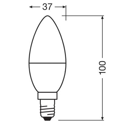 LED žiarovka tvaru sviečky s rozmermi 37 x 100 mm je znázornená v čiernobielej schéme s vyznačenými rozmermi.