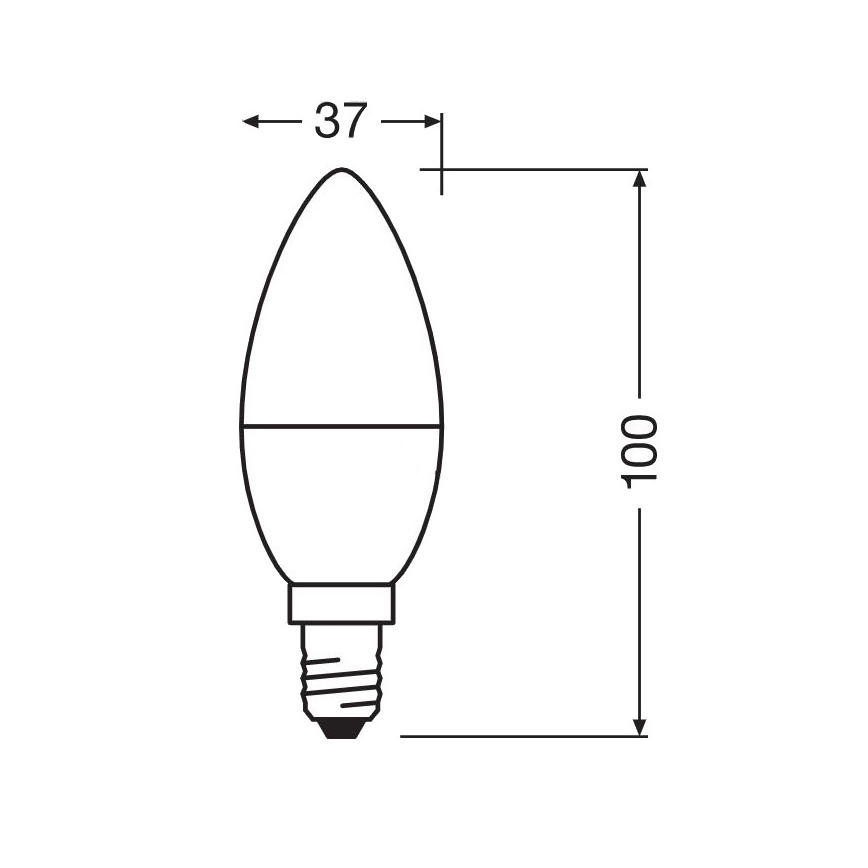 LED žiarovka tvaru sviečky s rozmermi 37 x 100 mm je znázornená v čiernobielej schéme s vyznačenými rozmermi.