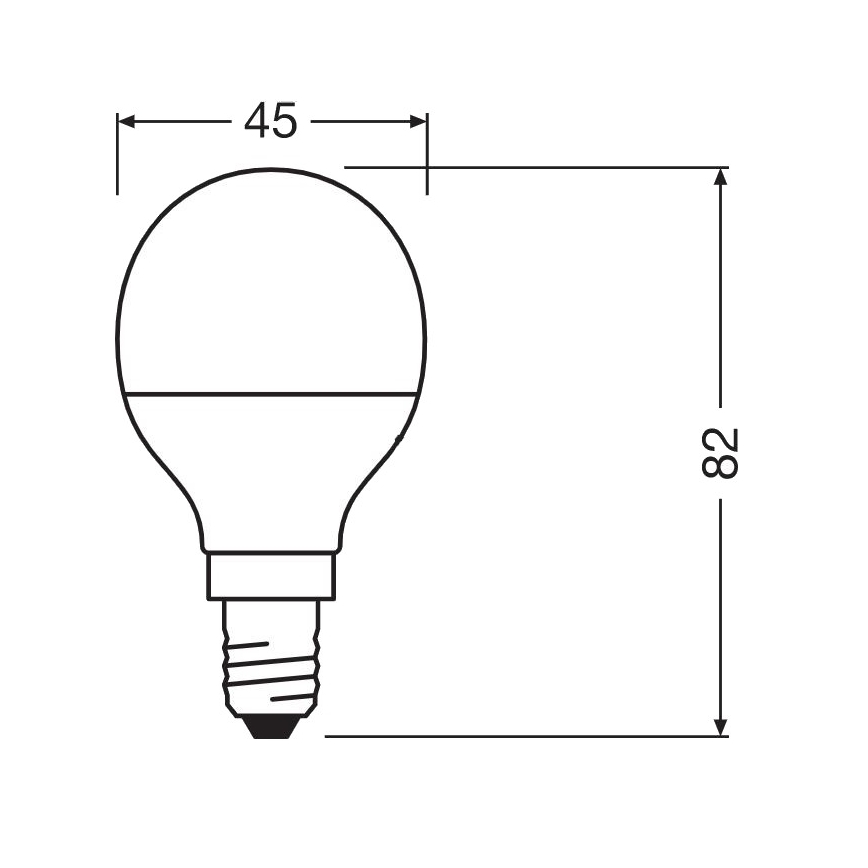 Žiarovka s priemerom 45 mm a výškou 82 mm. Je zobrazená s technickými rozmermi.
