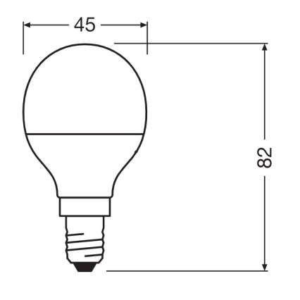Žiarovka s rozmermi 45 x 82 mm je znázornená s technickým výkresom. Žiarovka má guľovitý tvar s úzkym závitom.