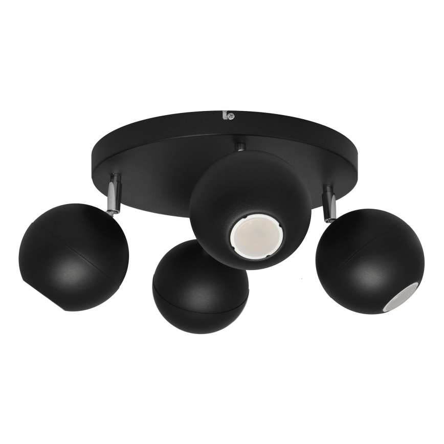 Trojité stropné svietidlo s čiernymi guľovitými tienidlami sa pripevňuje na strop. Svietidlo má tri otočné ramená s guľovými svetlami, každé s matným difúzorom. Stropná časť je plochá a okrúhla.