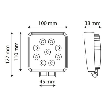 Štvorcové LED svetlo s deviatimi diódami, zobrazené spredu a zboku, s rozmermi 100 x 110 x 127 mm a 45 mm výškou úchytu. Bočný pohľad ukazuje 38 mm šírku.