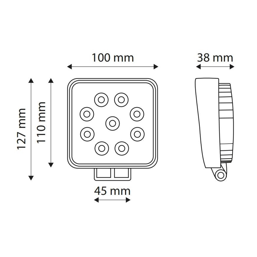 Štvorcové LED svetlo s deviatimi diódami, zobrazené spredu a zboku, s rozmermi 100 x 110 x 127 mm a 45 mm výškou úchytu. Bočný pohľad ukazuje 38 mm šírku.