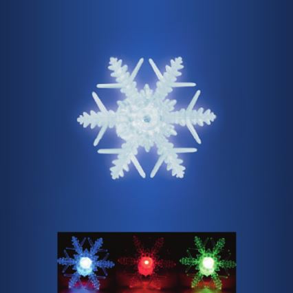Svietiaca snehová vločka je zobrazená na modrom pozadí. Vločka vyžaruje biele svetlo. Dole sú zobrazené ďalšie tri snehové vločky, ktoré svietia modrou, červenou a zelenou farbou.