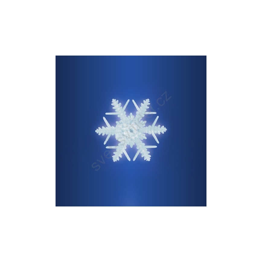 Snehová vločka je zobrazená v strede tmavomodrého pozadia. Vločka je biela, šesťramenná a má prepracované detaily.