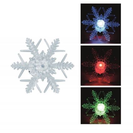 Plastikový snehový vločkový ornament s LED svetlom svieti v modrej, červenej a zelenej farbe. Ornament je zobrazený na bielom pozadí, variácie farieb osvetlenia na tmavom pozadí.