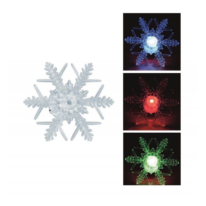 Plastikový snehový vločkový ornament s LED svetlom svieti v modrej, červenej a zelenej farbe. Ornament je zobrazený na bielom pozadí, variácie farieb osvetlenia na tmavom pozadí.