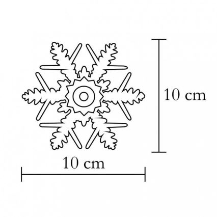 Snehová vločka s priemerom 10 cm je zobrazená na bielom pozadí s rozmerovými údajmi. Vločka má šesť ramien s detailnými okrajmi a stredom v tvare kruhu.