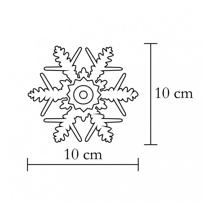 Snehová vločka s priemerom 10 cm je zobrazená na bielom pozadí s rozmerovými údajmi. Vločka má šesť ramien s detailnými okrajmi a stredom v tvare kruhu.