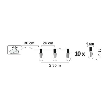 Svetelný reťaz s desiatimi žiarovkami je napájaný dvoma AA batériami. Dĺžka reťaze je 2,35 m, vzdialenosť medzi žiarovkami 26 cm. Jedna žiarovka má rozmery 4 x 11 cm.