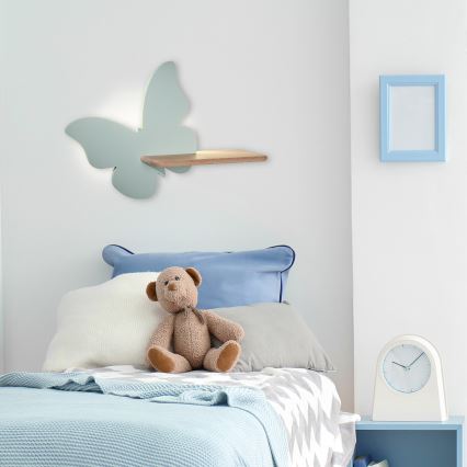 LED Detské nástenné svietidlo s poličkou BUTTERFLY LED/5W/230V zelená/drevo
