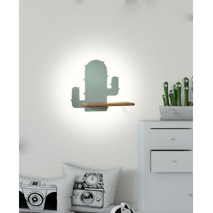 LED Detské nástenné svietidlo s poličkou CACTUS LED/4W/230V zelená/drevo