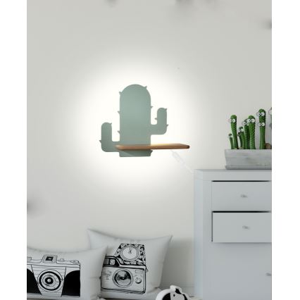 LED Detské nástenné svietidlo s poličkou CACTUS LED/4W/230V zelená/drevo, FSC certifikované