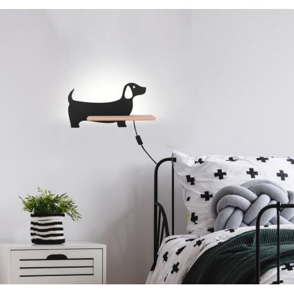 LED Detské nástenné svietidlo s poličkou DOG LED/5W/230V čierna/drevo
