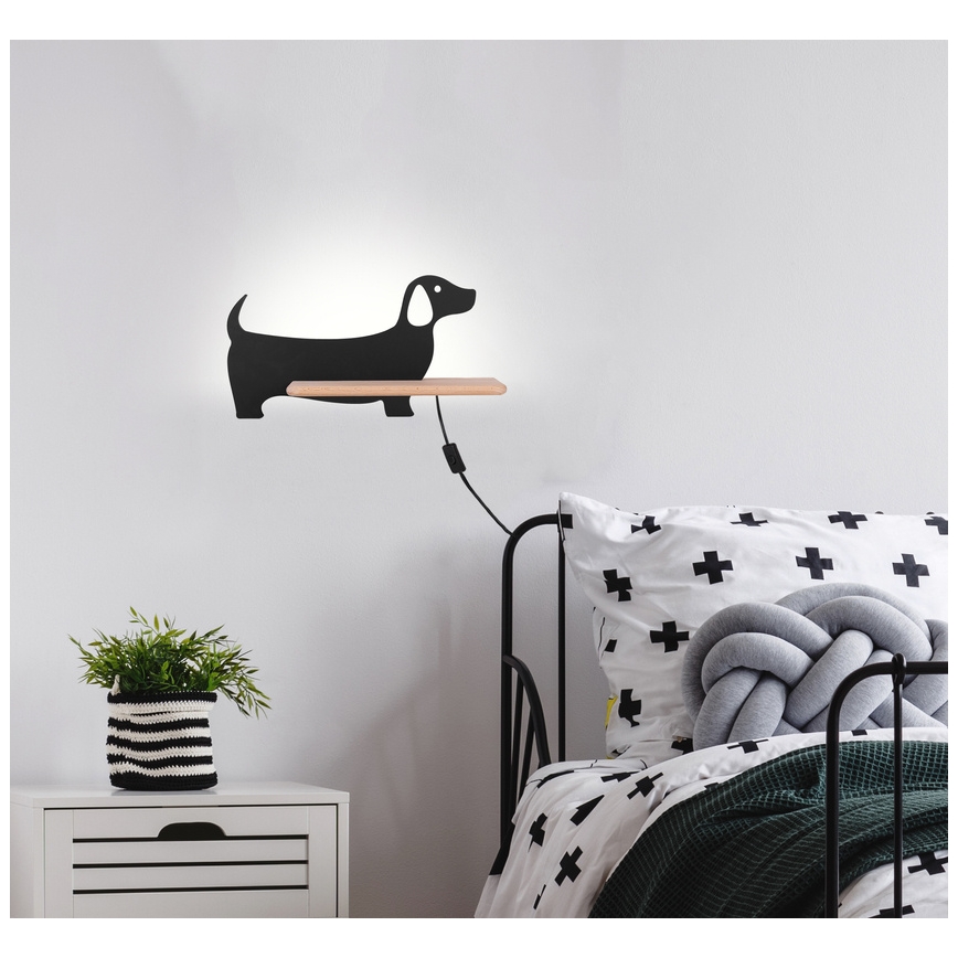 LED Detské nástenné svietidlo s poličkou DOG LED/5W/230V čierna/drevo