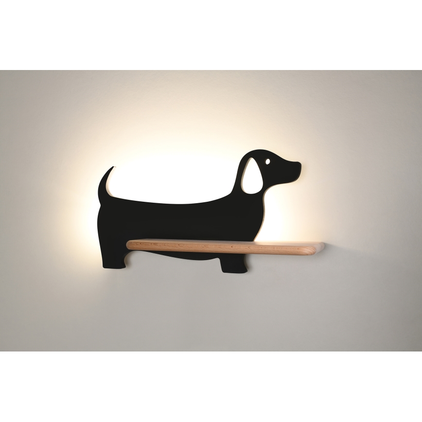 LED Detské nástenné svietidlo s poličkou DOG LED/5W/230V čierna/drevo