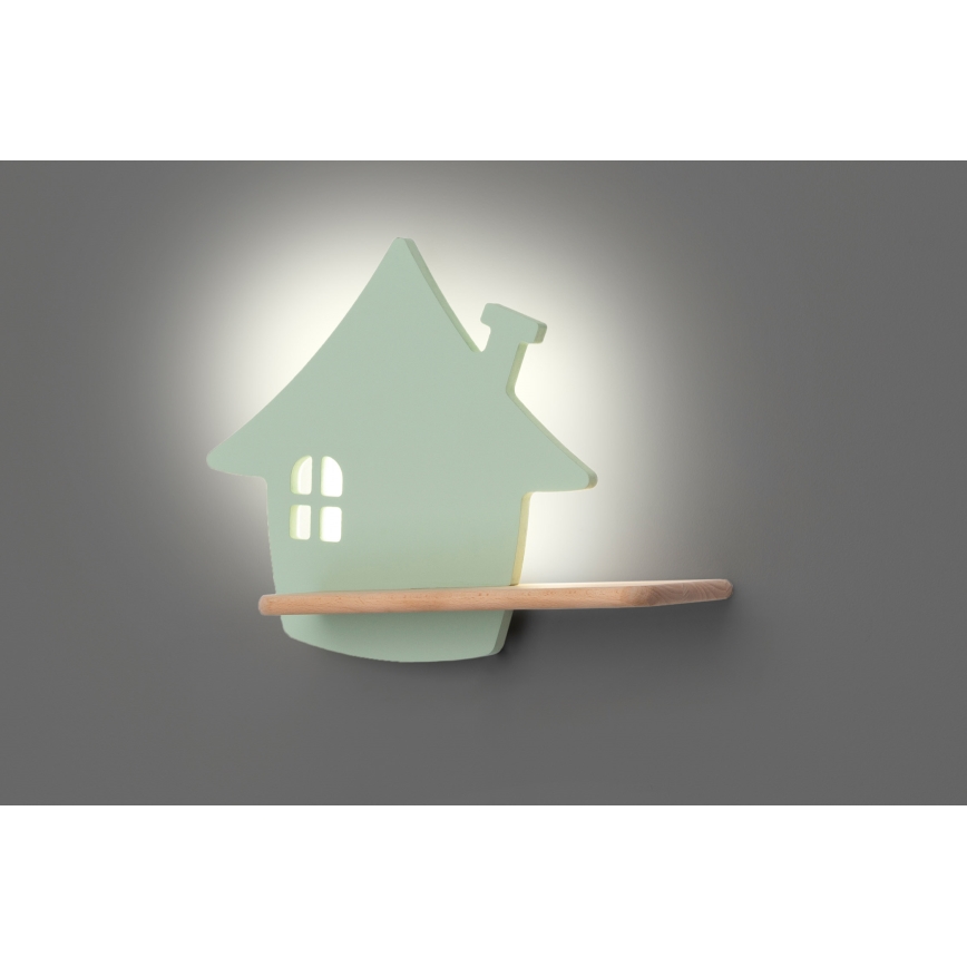 LED Detské nástenné svietidlo s poličkou HOUSE LED/4W/230V zelená/dřevo, 