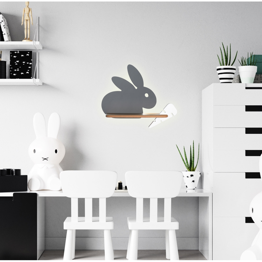 LED Detské nástenné svietidlo s poličkou RABBIT LED/4W/230V šedá/biela/dřevo, 